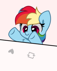 Size: 954x1200 | Tagged: safe, artist:dematrix, artist:kittyrosie, artist:lincolnbrewsterfan, derpibooru import, editor:nc-tv, rainbow dash, pegasus, pony, animated, blush sticker, blushing, chest fluff, cute, cute face, cute smile, cuteness overload, daaaaaaaaaaaw, dashabetes, eyes closed, female, floating heart, gif, heart, image, like, mare, meta, multicolored hair, multicolored mane, multicolored tail, open mouth, rainbow hair, rainbow tail, raised hoof, reaction, remake, remastered, simple background, tail, twitter, upsies, vector, vector trace, white background