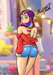 Size: 2480x3508 | Tagged: suggestive, artist:jackudoggy, derpibooru import, sunny starscout, human, equestria girls, g5, ass, blurry background, butt, cameltoe, clothes, denim, denim shorts, equestria girls-ified, g5 to equestria girls, generation leap, humanized, image, looking at you, png, shorts, signature, sunny starbutt