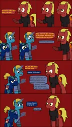 Size: 792x1383 | Tagged: safe, artist:j-yoshi64, derpibooru import, oc, oc:firebrand, ponified, unofficial characters only, earth pony, human, hybrid, pony, unicorn, yoshi, comic:taking a self-insert too seriously, analysis bronies, blonde hair, blue coat, comic, dialogue, earbuds, green mane, human in equestria, image, levitation, magic, male, mobile phone, phone, png, red coat, reference to another series, self insert, smartphone, speech bubble, stallion, telekinesis, text