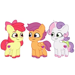 Size: 600x600 | Tagged: safe, artist:dazzle, derpibooru import, apple bloom, scootaloo, sweetie belle, g5, my little pony: tell your tale, cutie mark crusaders, g4, g4 to g5, generation leap, image, png, simple background, white background