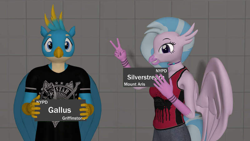 Size: 1192x670 | Tagged: safe, artist:ponygamer2020, derpibooru import, gallus, silverstream, anthro, classical hippogriff, gryphon, hippogriff, 3d, arrested, barbie (film), barbie mugshot meme, clothes, cute, diastreamies, duo, duo male and female, female, image, jail, jpeg, looking at you, male, meme, mugshot, nexgen, shirt, smiling, smiling at you, source filmmaker, t-shirt, this will end well, wings