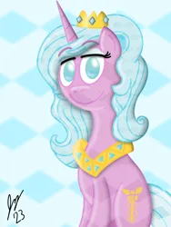 Size: 1620x2160 | Tagged: safe, artist:jesslmc16, derpibooru import, idw, radiant hope, crystal pony, pony, unicorn, crown, crystal, cutie mark, female, g4, image, jewelry, jewels, looking at you, mare, png, princess, princess radiant hope, regalia, simple background, sitting, smiling, smiling at you, solo, solo female, solo focus, white background