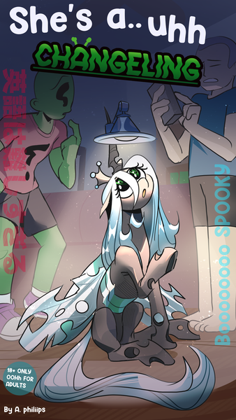 Size: 2160x3840 | Tagged: safe, artist:applephil, derpibooru import, queen chrysalis, oc, oc:anon, changeling, changeling queen, human, 4k, cute, cutealis, female, high res, image, lamp, looking up, mobile phone, parody, phone, png, sitting, smartphone, text, trio