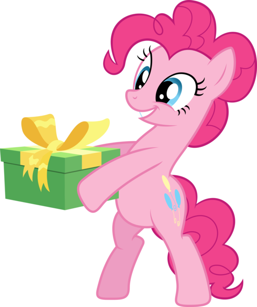 Size: 2000x2393 | Tagged: safe, artist:shutterflyyay, derpibooru import, pinkie pie, earth pony, pony, a friend in deed, bipedal, image, png, present, ribbon, simple background, smiling, solo, standing on two hooves, transparent background, vector