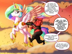 Size: 4000x3000 | Tagged: safe, artist:lycantrin, derpibooru import, princess celestia, alicorn, bird, human, pony, cloud, cloudy, colored wings, colored wingtips, crossover, duo, eyebrows, female, flying, grenade, halo, height difference, helmet, image, jewelry, jumping, looking at each other, looking at someone, male, mare, off model, png, raised eyebrow, regalia, rocket launcher, salute, smiling, smiling at each other, smoke, soldier, speech bubble, spread wings, sunset, team fortress 2, weapon, wholesome, wingding eyes, wings