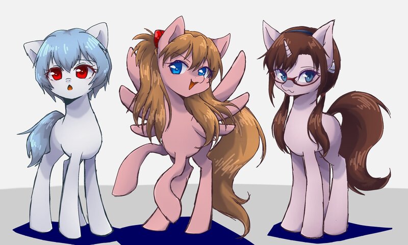 Size: 2048x1232 | Tagged: safe, artist:namaenonaipony, derpibooru import, ponified, earth pony, pegasus, pony, unicorn, crossover, female, glasses, image, jpeg, makinami mari illustrious, mare, neon genesis evangelion, open mouth, open smile, rei ayanami, simple background, smiling, souryuu asuka langley, spread wings, trio, white background, wings