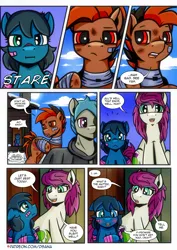 Size: 2480x3508 | Tagged: safe, artist:dsana, derpibooru import, oc, oc:fireweed, oc:lullaby dusk, oc:rust wing, oc:thistledown, unofficial characters only, earth pony, pegasus, pony, comic:a storm's lullaby, bandage, bandaid, blushing, comic, dialogue, female, filly, foal, heterochromia, image, male, mare, png, speech bubble, stallion