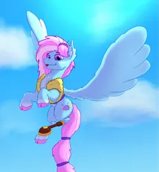 Size: 827x896 | Tagged: safe, artist:gosha305, derpibooru import, kerfuffle, pegasus, pony, :p, amputee, clothes, ear fluff, female, flying, full body, hooves, image, looking at you, mare, png, prosthetic leg, prosthetic limb, prosthetics, sky background, solo, solo female, spread wings, tongue out, wings