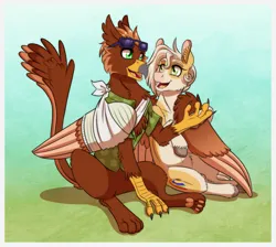 Size: 1398x1250 | Tagged: safe, artist:inuhoshi-to-darkpen, derpibooru import, oc, oc:kleo, oc:pavlos, unofficial characters only, earth pony, gryphon, pony, bandage, broken bone, broken wing, cast, chest fluff, claws, clothes, colored wings, eared griffon, earth pony oc, friends, griffon oc, hug, image, injured, leg fluff, one wing out, paws, png, shirt, simple background, sling, sunglasses, underpaw, wing fluff, winghug, wings