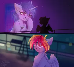 Size: 2450x2200 | Tagged: safe, artist:milkusy, derpibooru import, oc, oc:grapie, oc:ronyram, ponified, unofficial characters only, pegasus, pony, unicorn, bandaid, bandaid on nose, blade runner, blade runner 2049, bored, bridge, building, duo, ear fluff, error, eyelashes, female, glitch, glow, high res, hologram, horn, image, jewelry, looking up, male, mare, meme, necklace, neon, night, panel, parody, png, sky, smiling, stallion, teeth, wings