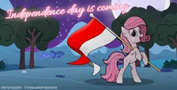 Size: 1024x521 | Tagged: safe, artist:noi kincade, artist:noikincade67, ponerpics import, oc, oc:annisa trihapsari, unofficial characters only, earth pony, pony, cute, earth pony oc, flag, happy, heart, image, imported from derpibooru, indonesia, moon, mountain, night, ocbetes, open mouth, open smile, png, redesign, signature, simple background, smiling, solo