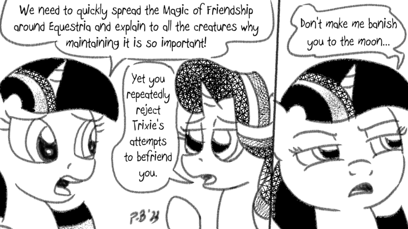 Size: 1200x675 | Tagged: safe, artist:pony-berserker, derpibooru import, starlight glimmer, twilight sparkle, twilight sparkle (alicorn), alicorn, image, magic of friendship, monochrome, png, pony-berserker's twitter sketches, pony-berserker's twitter sketches (2023), to the moon