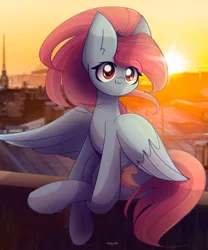Size: 2200x2650 | Tagged: safe, artist:miryelis, derpibooru import, oc, oc:rainven wep, unofficial characters only, pegasus, :3, big ears, female, image, long hair, looking at you, photo, png, ponytail, red eyes, signature, sitting, smiling, smiling at you, solo, wings