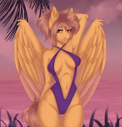 Size: 2309x2400 | Tagged: suggestive, artist:enderbee, derpibooru import, oc, unofficial characters only, anthro, pegasus, advertisement in description, anthro oc, armpits, beach, belly, bikini, bikini babe, breasts, clothes, female, hips, image, palm tree, pink hair, png, purple eyes, raised hand, solo, sunset, swimsuit, tree, wasp waist, wings