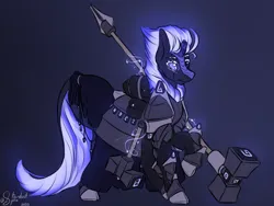 Size: 4000x3000 | Tagged: safe, artist:stardustspix, derpibooru import, oc, oc:derecho, unofficial characters only, kirin, armor, backpack, bag, broken horn, colored eyebrows, colored eyelashes, glow, glowing eyes, glowing mane, glowing tail, gradient background, hammer, high res, horn, image, kirin oc, magic, png, prosthetic eye, prosthetics, raised hoof, runes, saddle bag, scar, solo, tail, telekinesis, war hammer, weapon