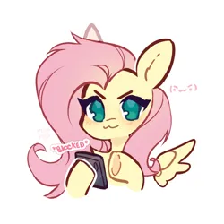 Size: 3000x3000 | Tagged: safe, artist:monphys, derpibooru import, fluttershy, pegasus, pony, >:3, blocked, chibi, cute, image, mobile phone, phone, png, simple background, solo, white background