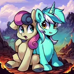 Size: 768x768 | Tagged: safe, derpibooru import, machine learning assisted, machine learning generated, stable diffusion, bon bon, lyra heartstrings, sweetie drops, earth pony, pony, unicorn, ai content, back to back, cute, duo, fire, generator:ponydiffusion, image, looking at you, mountain, open mouth, png, prompter:ailex, sitting, volcano