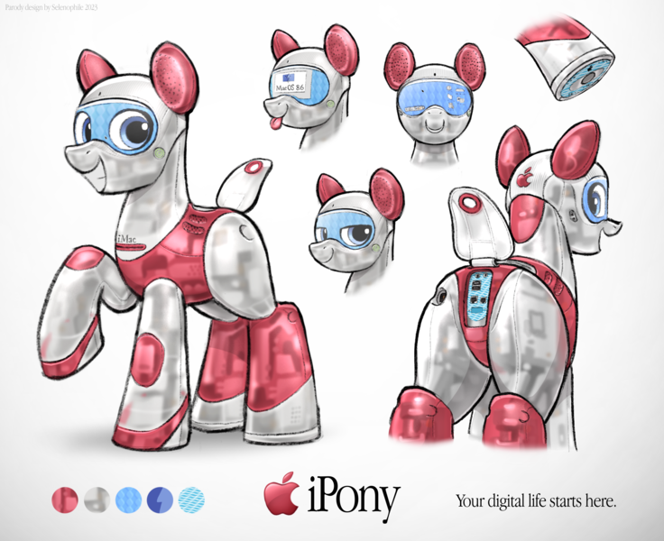 Size: 4454x3630 | Tagged: safe, artist:selenophile, derpibooru import, oc, ponified, pony, :p, adoptable, apple, butt, food, imac, image, lidded eyes, looking at you, looking back, open mouth, plot, png, reference sheet, smiling, tongue out, underhoof