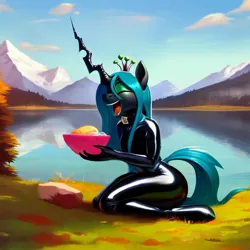 Size: 1383x1383 | Tagged: suggestive, derpibooru import, machine learning generated, stable diffusion, queen chrysalis, changeling, changeling queen, ai content, changelings laughing with fruit salad, cloud, eyes closed, female, food, generator:purplesmart.ai, grass, image, jpeg, kneeling, lake, latex, latex suit, laughing, meme, mountain, ponies laughing with fruit salad, prompter:thegoldenmonk, salad, solo, solo female, water