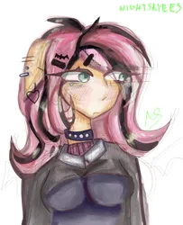 Size: 3000x3700 | Tagged: safe, artist:nightskyees, derpibooru import, fluttershy, bat, human, equestria girls, breasts, choker, ear piercing, earring, emo, emoshy, hairclip, humanized, image, jewelry, piercing, png, pony ears, shading, solo, test drawing