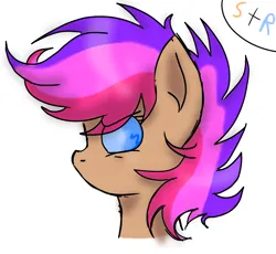 Size: 1982x1821 | Tagged: artist needed, safe, derpibooru import, pegasus, pony, beige fur, blue eyes, bust, female, image, magical lesbian spawn, multicolored hair, multicolored mane, offspring, parent:rainbow dash, parent:scootaloo, parents:scootadash, png, simple background, solo, white background