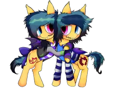 Size: 7500x5500 | Tagged: safe, artist:cactuscruncher, derpibooru import, oc, oc:ashley face, oc:chelsea smile, unofficial characters only, bat pony, pony, undead, absurd resolution, bat pony oc, bat wings, bipedal, bipedal leaning, blue eyes, blue mane, blushing, bow, brothers, chest fluff, clothes, derpibooru exclusive, duo, duo male, dyed mane, dyed tail, ear fluff, fangs, folded wings, gloves, heterochromia, hock fluff, hug, image, jacket, leaning, lidded eyes, looking at each other, looking at someone, male, png, purple wings, red eyes, shirt, short tail, siblings, slit pupils, small wings, smiling, spread wings, stallion, standing, stitches, tail, tail bow, tail wrap, twins, two toned hair, wings, yellow coat