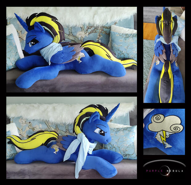 Size: 1280x1241 | Tagged: safe, artist:purplenebulastudios, derpibooru import, oc, oc:stormbreaker, alicorn, pony, clothes, image, irl, jpeg, lying down, male, photo, plushie, prone, scarf, solo, stallion