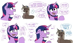 Size: 1498x880 | Tagged: safe, artist:redxbacon, derpibooru import, twilight sparkle, oc, oc:parch well, pony, unicorn, dialogue, image, png, simple background, stuttering, text, white background