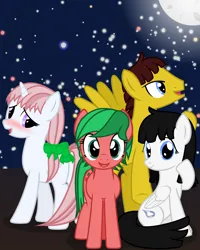 Size: 4000x5000 | Tagged: safe, artist:cranberry-tofu, derpibooru import, oc, oc:brave bolt, oc:cherry verdure, oc:rainy swan, oc:whisper call, earth pony, pegasus, pony, unicorn, absurd resolution, female, image, male, mare, night, png, stallion