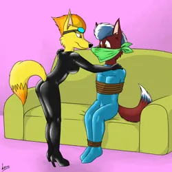 Size: 2013x2009 | Tagged: suggestive, alternate version, artist:levvvar, derpibooru import, spitfire, oc, oc:thunderstreak, anthro, fox, bondage, bound, breasts, cloth gag, clothes, duo, furry, gag, goggles, grin, high heels, image, jpeg, latex, latex suit, paws, pink background, rope, rope bondage, shoes, simple background, smiling, species swap, straitjacket