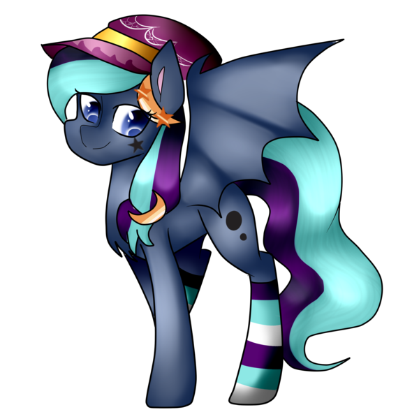Size: 2000x2000 | Tagged: safe, artist:oniiponii, derpibooru import, oc, unofficial characters only, bat pony, pony, bat pony oc, bat wings, clothes, female, hat, image, mare, png, simple background, smiling, socks, solo, striped socks, transparent background, wings