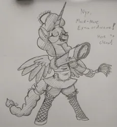 Size: 890x966 | Tagged: safe, artist:jargon scott, derpibooru import, oc, oc:nyx, unofficial characters only, alicorn, pony, bipedal, bow, clothes, dialogue, eyes closed, female, fishnets, glasses, grayscale, image, jpeg, maid, mare, monochrome, older, older nyx, open mouth, open smile, pencil drawing, smiling, solo, spread wings, tail, tail bow, traditional art, underhoof, wings