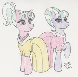Size: 1400x1395 | Tagged: safe, artist:bageloftime, derpibooru import, stepford ponies, earth pony, pony, unicorn, clothes, dress, duo, eyelashes, image, jewelry, jpeg, necklace, pearl necklace, raised hoof, signature, smiling, traditional art
