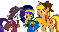 Size: 1024x562 | Tagged: safe, artist:noikincade67, derpibooru import, rarity, oc, oc:firey ratchet, oc:flare spark, pegasus, pony, unicorn, clothes, detective, detective rarity, fedora, female, hat, image, male, mare, png, simple background, smiling, stallion, transparent background, trenchcoat