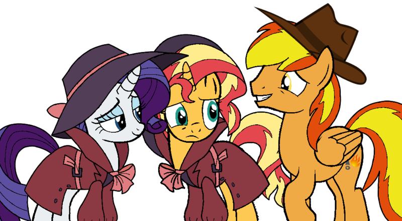 Size: 1024x565 | Tagged: safe, artist:noikincade67, derpibooru import, rarity, sunset shimmer, oc, oc:firey ratchet, pegasus, pony, unicorn, clothes, detective, detective rarity, fedora, female, hat, image, male, mare, png, simple background, stallion, transparent background, trenchcoat