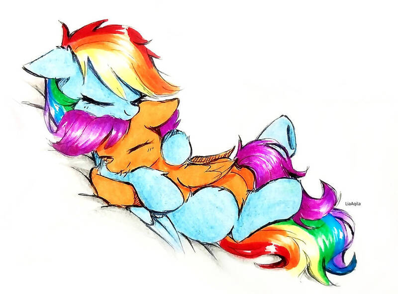 Size: 1039x769 | Tagged: safe, artist:liaaqila, derpibooru import, rainbow dash, scootaloo, pegasus, pony, blank flank, butt, cropped, cuddling, cute, cutealoo, daaaaaaaaaaaw, dashabetes, duo, duo female, eyes closed, female, filly, foal, folded wings, hug, image, jpeg, liaaqila is trying to murder us, lying down, mare, missing cutie mark, on back, plot, scootalove, signature, simple background, smiling, traditional art, white background, wings