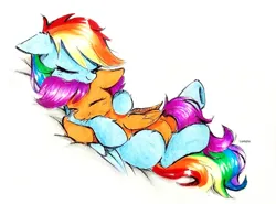Size: 1039x769 | Tagged: safe, artist:liaaqila, derpibooru import, rainbow dash, scootaloo, pegasus, pony, blank flank, butt, cropped, cuddling, cute, cutealoo, daaaaaaaaaaaw, dashabetes, duo, duo female, eyes closed, female, filly, foal, folded wings, hug, image, jpeg, liaaqila is trying to murder us, lying down, mare, missing cutie mark, on back, plot, scootalove, signature, simple background, smiling, traditional art, white background, wings