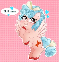Size: 1835x1901 | Tagged: safe, artist:emera33, derpibooru import, cozy glow, pegasus, pony, bow, cozybetes, cute, female, filly, flying, foal, freckles, hair bow, heart, heart eyes, hoof on chin, image, jpeg, pink background, simple background, smiling, solo, text, unshorn fetlocks, wingding eyes