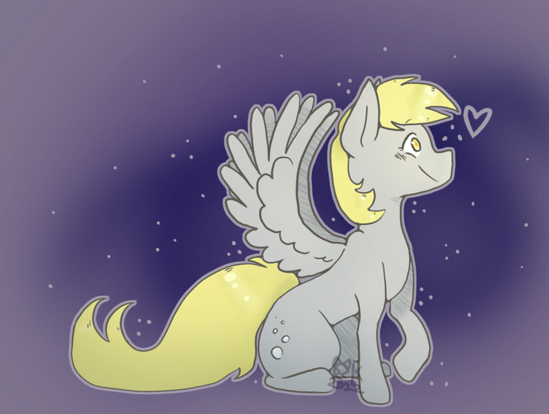 Size: 1224x924 | Tagged: safe, artist:chillykitty, derpibooru import, derpy hooves, pegasus, pony, abstract background, heart, image, jpeg, side view, smiling, solo, stars