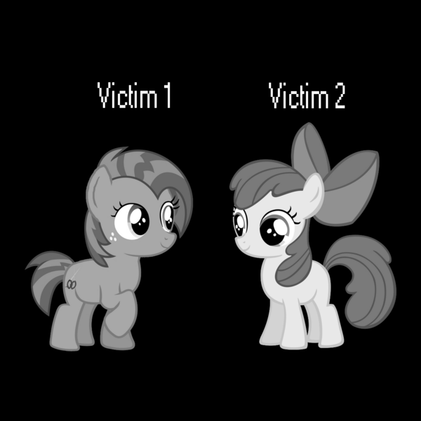 Size: 1182x1182 | Tagged: safe, derpibooru import, apple bloom, babs seed, pony, black and white, cousins, female, filly, foal, gray, grayscale, image, imminent death, monochrome, png, simple background, text, the mandela catalogue