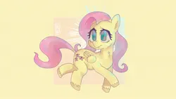 Size: 2560x1440 | Tagged: safe, artist:kubasama, derpibooru import, fluttershy, pegasus, pony, female, image, jpeg, mare, signature, simple background, solo, sun rays, unshorn fetlocks, walking