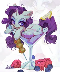 Size: 1712x2048 | Tagged: safe, artist:p0nyplanet, derpibooru import, rarity, pony, unicorn, cup, cup of pony, female, food, image, jpeg, lemon slice, lying down, mare, martini glass, micro, olive, prone, raspberry (food), solo, zoom layer
