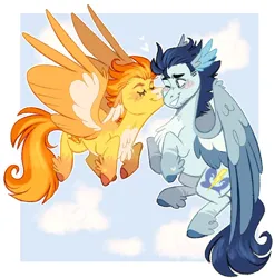 Size: 1124x1137 | Tagged: safe, artist:wanderingpegasus, derpibooru import, soarin', spitfire, pegasus, pony, alternate design, blushing, chest fluff, coat markings, colored wings, couple, duo, duo male and female, eyes closed, feathered fetlocks, female, flying, image, jpeg, kiss on the cheek, kissing, leg fluff, male, mare, markings, one eye closed, shipping, soarinfire, stallion, straight, two toned wings, unshorn fetlocks, wing ears, wings