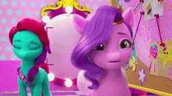 Size: 360x202 | Tagged: safe, derpibooru import, screencap, pipp petals, earth pony, pegasus, pony, g5, my little pony: make your mark, spoiler:g5, spoiler:my little pony: make your mark, spoiler:my little pony: make your mark chapter 4, spoiler:mymc04e01, animated, billboard, bridlewoodstock, bridlewoodstock (make your mark), female, gif, hoof on chin, i watch it for the ears, image, jazz hooves, male, mane melody (location), mare, mirror, my little pony: make your mark chapter 4, rocky riff, stallion, trio