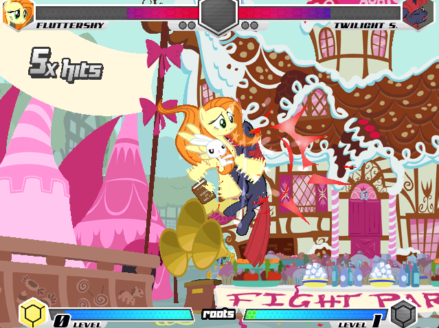 Size: 639x477 | Tagged: safe, derpibooru import, carrot top, fluttershy, golden harvest, twilight sparkle, pegasus, unicorn, fighting is magic, fight, fighting game, game, ganondorf, image, png, roots edition, sugarcube corner, the legend of zelda