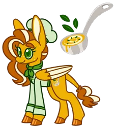 Size: 950x1050 | Tagged: safe, artist:missmagicalgirl, derpibooru import, oc, oc:butternut simmer, unofficial characters only, hybrid, mule, pony, chef outfit, chef's hat, colored hooves, colored wings, cutie mark, female, food, freckles, hat, image, ladle, pegamule, png, solo, solo female, soup, thick eyebrows, trans female, transgender, wings