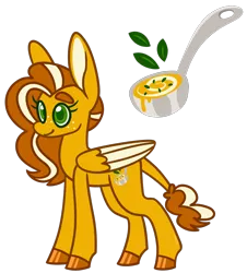 Size: 950x1050 | Tagged: safe, artist:missmagicalgirl, derpibooru import, oc, oc:butternut simmer, unofficial characters only, hybrid, mule, pony, colored hooves, colored wings, cutie mark, female, food, freckles, image, ladle, pegamule, png, solo, solo female, soup, thick eyebrows, trans female, transgender, wings