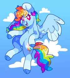 Size: 2500x2781 | Tagged: safe, artist:cocopudu, derpibooru import, rainbow dash, pegasus, pony, alternate design, beanbrows, belly, chest fluff, cloven hooves, eye clipping through hair, eyebrows, female, flying, image, jpeg, mare, open mouth, open smile, sky background, smiling, solo, spread wings, twitterina design, white pupils, wings