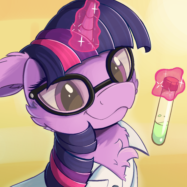 Size: 1000x1000 | Tagged: safe, artist:candy meow, derpibooru import, sci-twi, twilight sparkle, pony, unicorn, abstract background, cheek fluff, chest fluff, clothes, ear fluff, female, floppy ears, glasses, image, lab coat, magic, mare, meme, png, solo, telekinesis, test tube