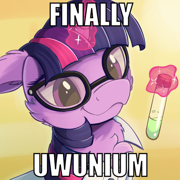 Size: 1000x1000 | Tagged: safe, alternate version, artist:candy meow, derpibooru import, sci-twi, twilight sparkle, pony, unicorn, abstract background, caption, cheek fluff, chest fluff, clothes, ear fluff, female, floppy ears, glasses, image, image macro, lab coat, magic, mare, meme, png, solo, telekinesis, test tube, text, uranium, uwu